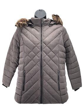 Women’s Quilted Hooded Puffer Jacket with Faux Fur Trim - Taupe